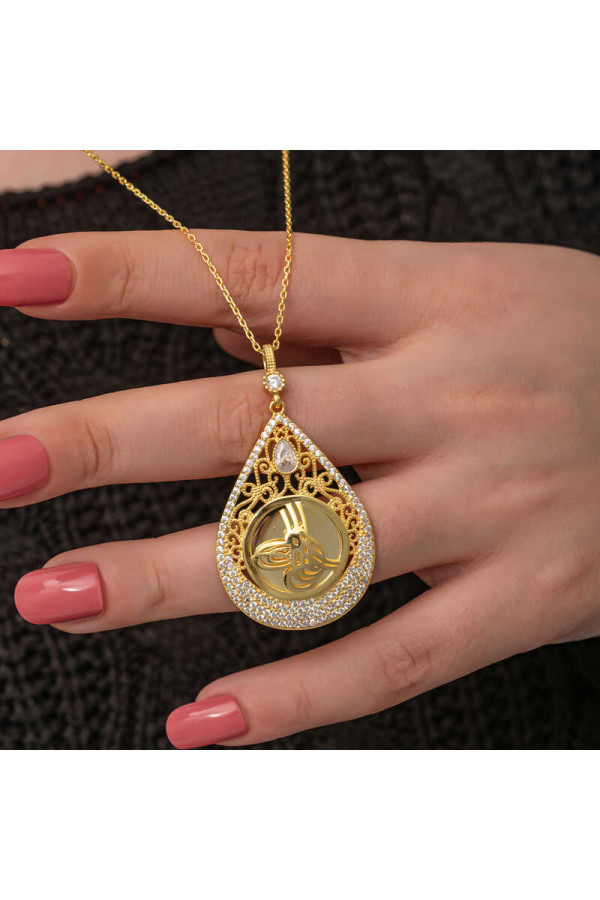 Gümüş Gold Kaplama Damla Tuğralı Kadın Kolye
