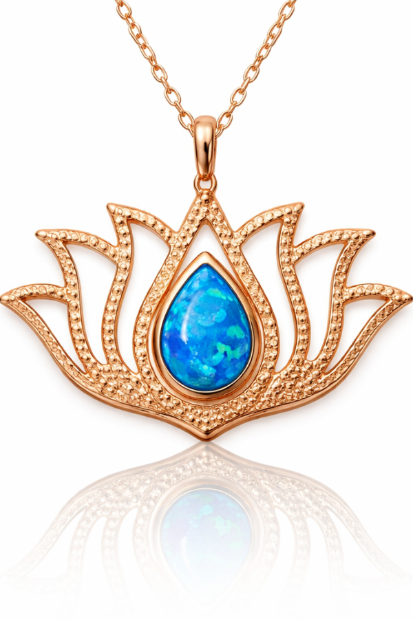 Gümüş Opal Taşlı Rose Lotus Çiçeği Kolye