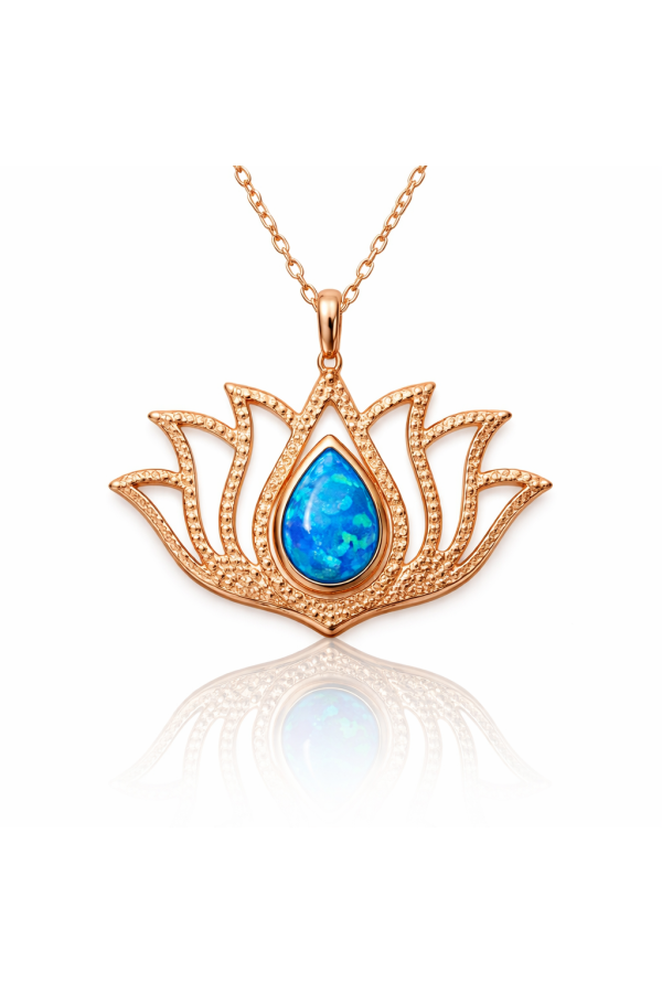 Gümüş Opal Taşlı Rose Lotus Çiçeği Kolye