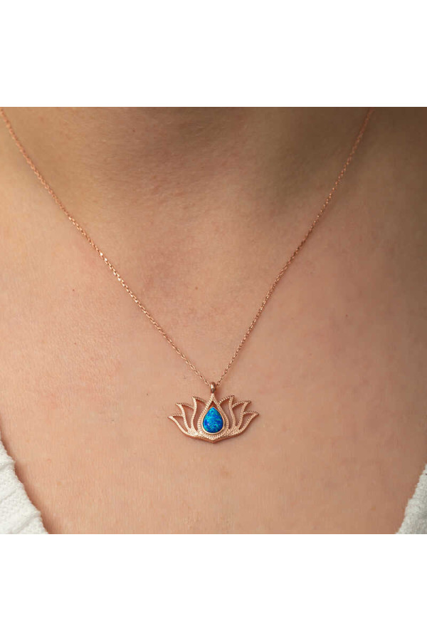 Gümüş Opal Taşlı Rose Lotus Çiçeği Kolye