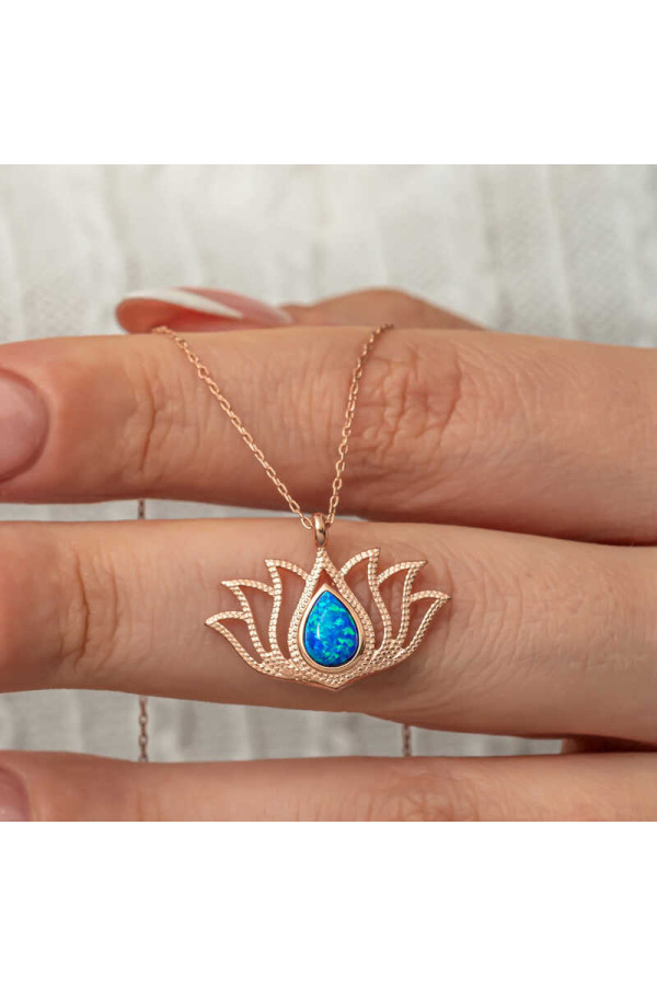 Gümüş Opal Taşlı Rose Lotus Çiçeği Kolye