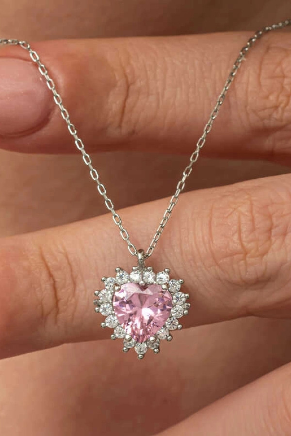 Gümüş Pembe Taşlı Kalp Kadın Kolye