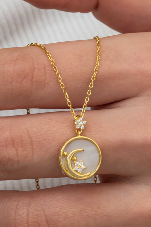 Gümüş Gold Sedef Taşlı Ay Yıldız Hilal Kadın Kolye
