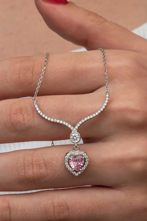 Gümüş Pembe Zirkon Taşlı Kalp Kadın Kolye