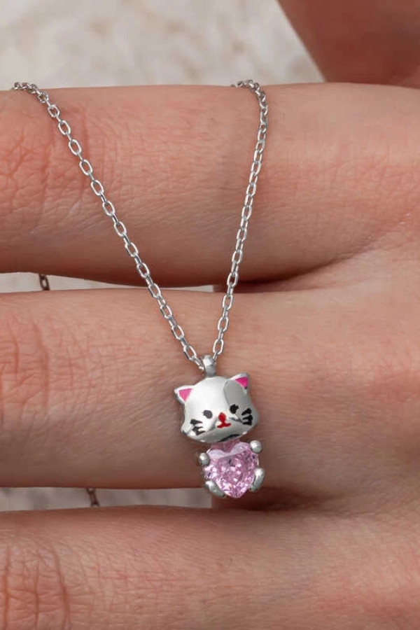 Gümüş Pembe Taşlı Sevimli Kedi Kadın Kolye