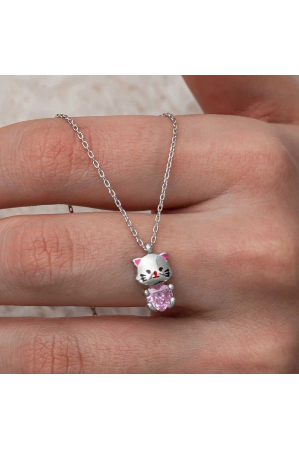 Gümüş Pembe Taşlı Sevimli Kedi Kadın Kolye