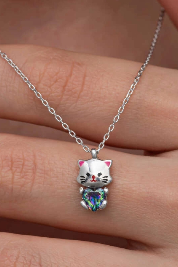 Gümüş Mistik Topaz Taşlı Sevimli Kedi Kolye