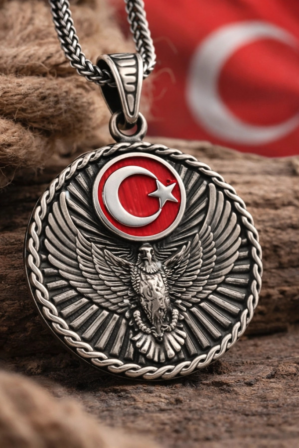 Gümüş Türk Kartalı ve Ay Yıldız Motifli Erkek Kolye