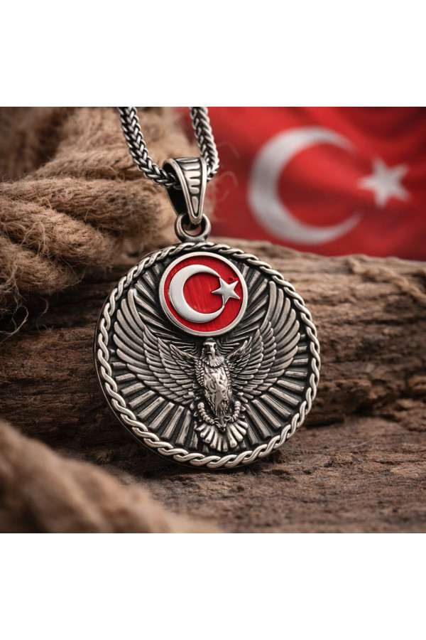 Gümüş Türk Kartalı ve Ay Yıldız Motifli Erkek Kolye