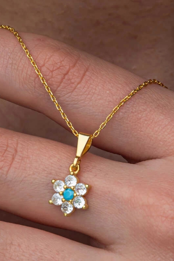 Gümüş Mavi Taşlı Gold Çiçek Kadın Kolye