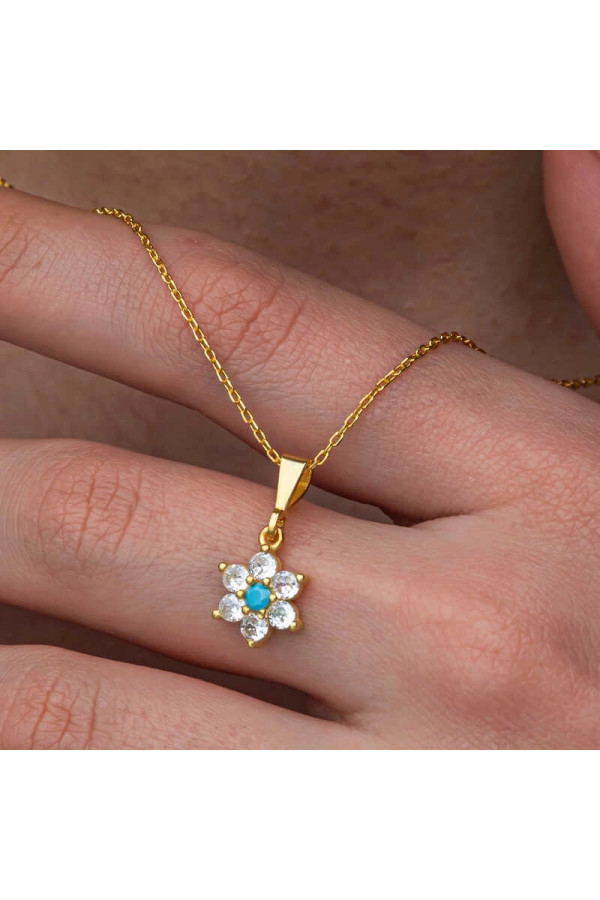 Gümüş Mavi Taşlı Gold Çiçek Kadın Kolye