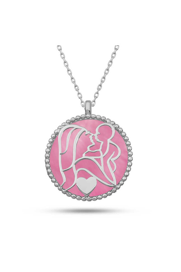 Gümüş Pembe Sedef Taşlı Anne Çocuk Sevgisi Kolye