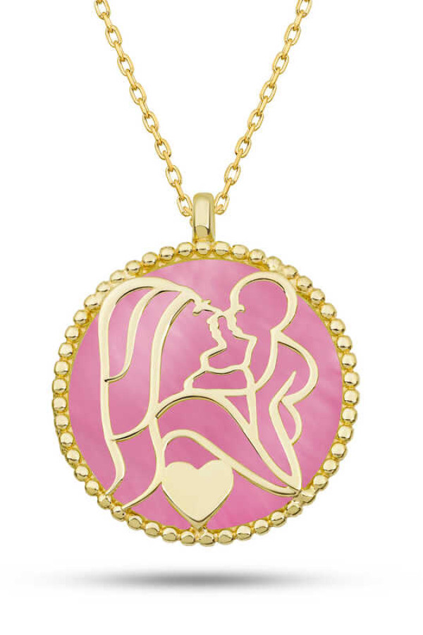 Gümüş Gold Pembe Sedef Taşlı Anne Çocuk Sevgisi Kolye
