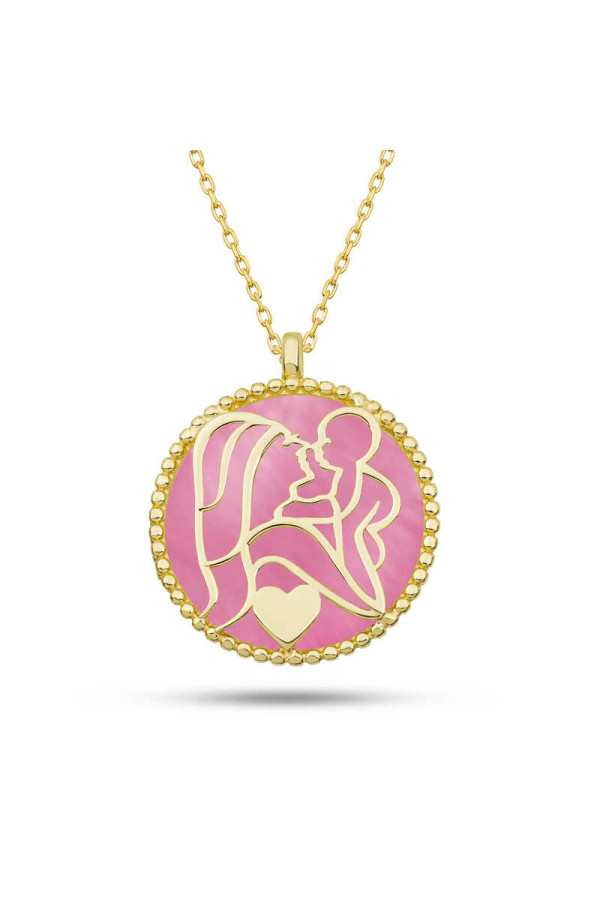 Gümüş Gold Pembe Sedef Taşlı Anne Çocuk Sevgisi Kolye