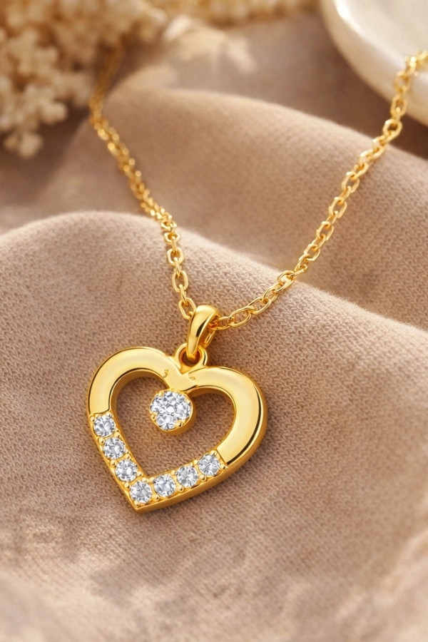 Gümüş Gold Minik Kalpli Tektaş Kadın Kolye
