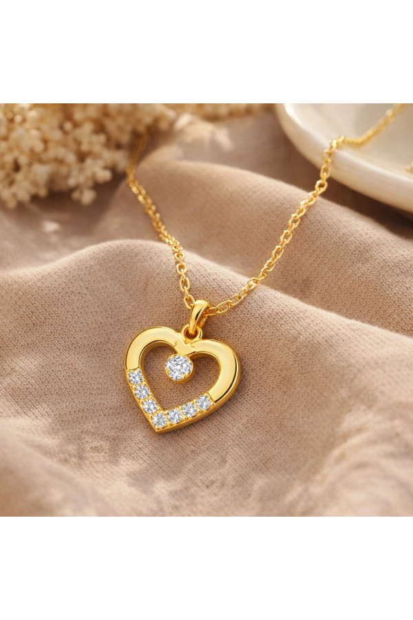 Gümüş Gold Minik Kalpli Tektaş Kadın Kolye