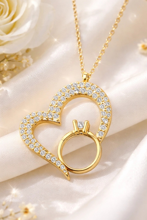 Gümüş Tektaşlı Gold Kalp Kadın Kolye