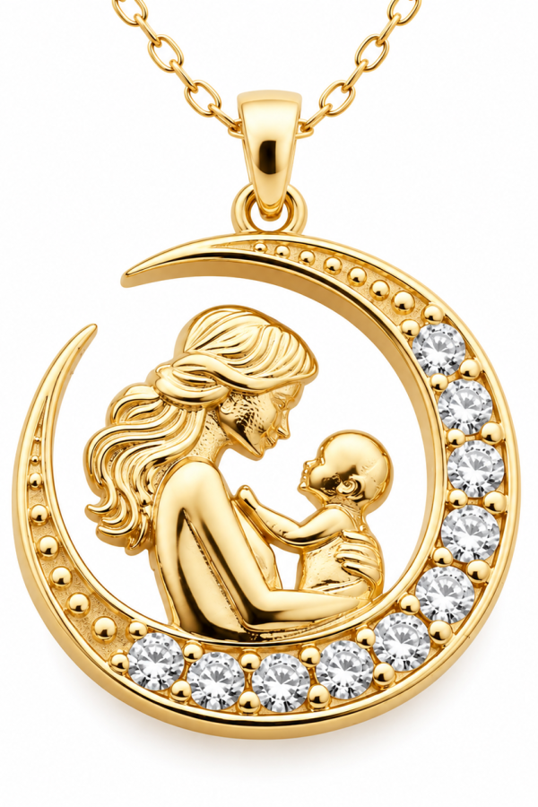 Gümüş Hilal İçinde Anne Bebek Figürlü Gold Kolye