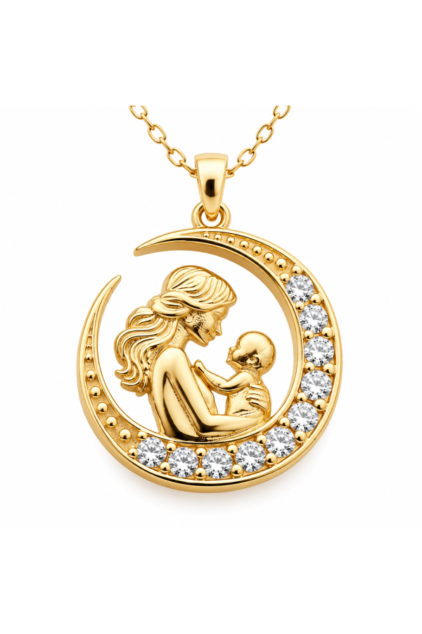 Gümüş Hilal İçinde Anne Bebek Figürlü Gold Kolye