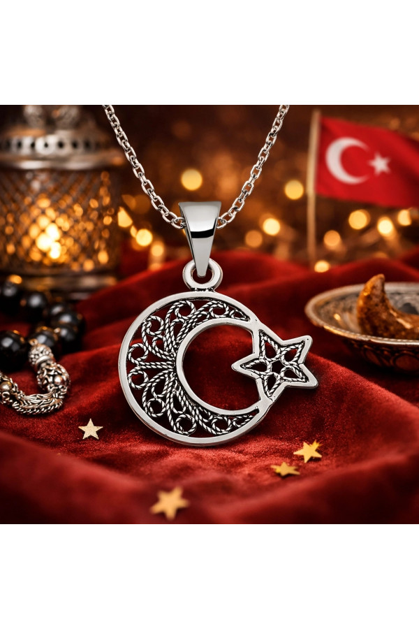 Gümüş Ay Yıldız Telkari Bayan Kolye