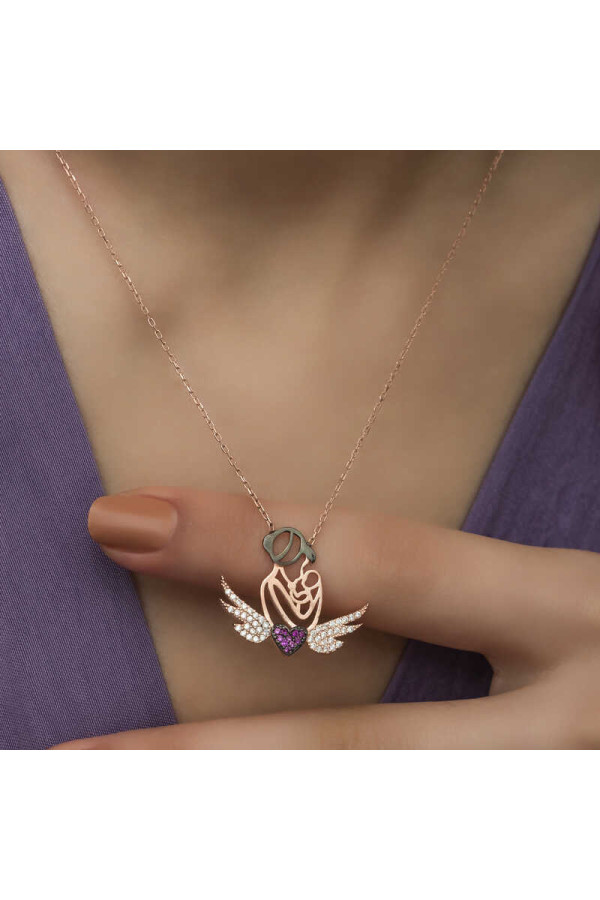 Gümüş Rose Kalpli Anne Ve Çocuk Kolye