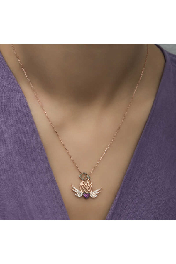Gümüş Rose Kalpli Anne Ve Çocuk Kolye