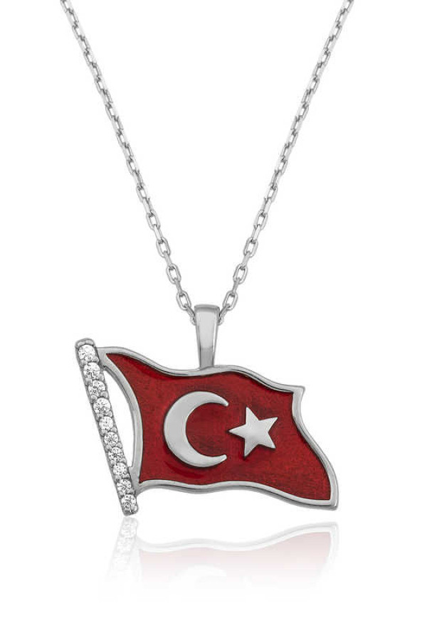 Gümüş Türk Bayrağı Bayan Kolye