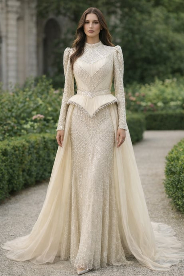 Neva Tesettür Abiye Bej