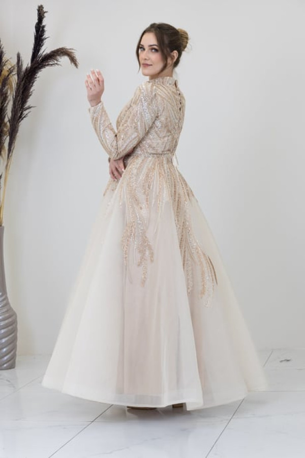 Kübra Tesettür Abiye Bej