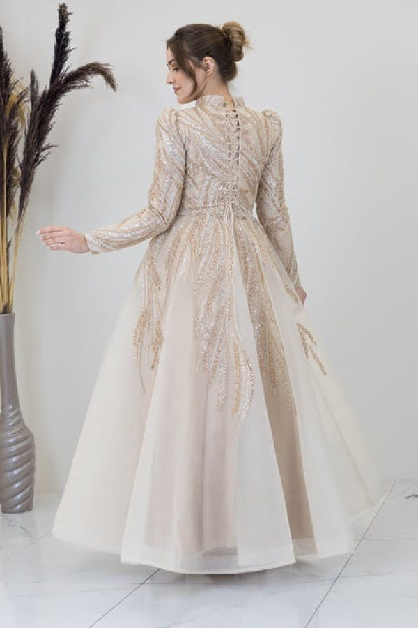 Kübra Tesettür Abiye Bej