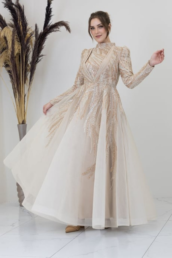 Kübra Tesettür Abiye Bej