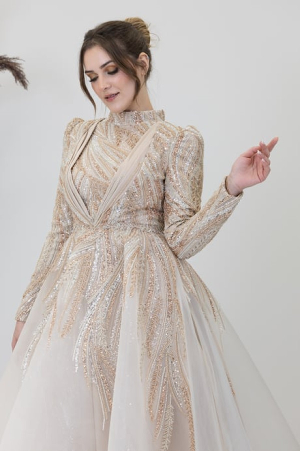 Kübra Tesettür Abiye Bej