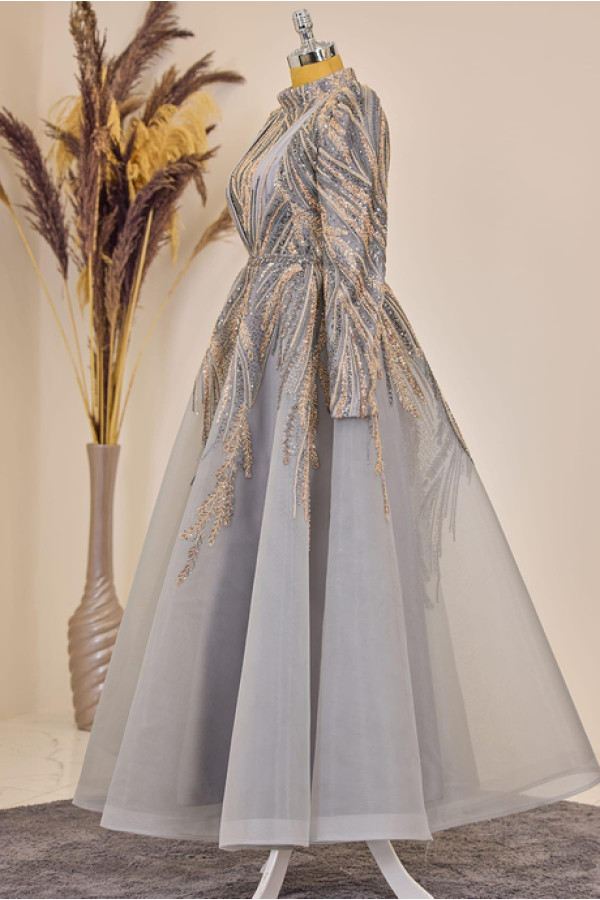 Kübra Tesettür Abiye Gri