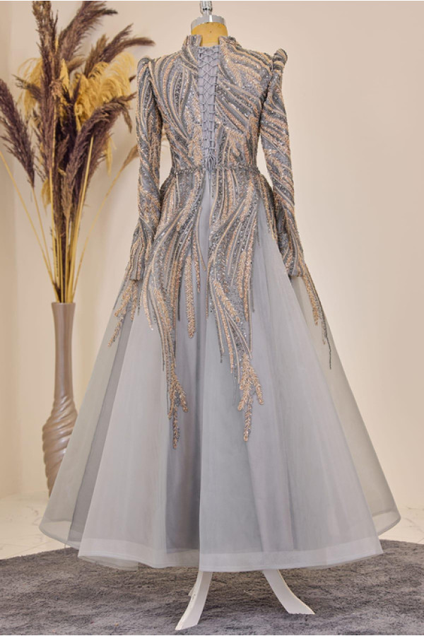 Kübra Tesettür Abiye Gri