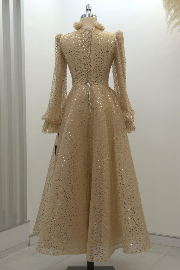 Pullu Kabarık Tesettür Abiye Gold