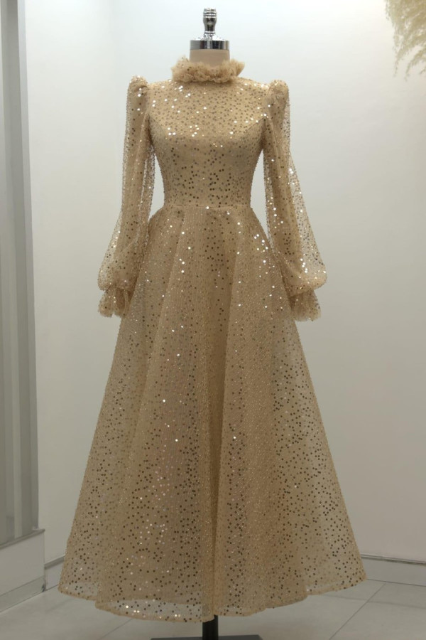 Pullu Kabarık Tesettür Abiye Gold