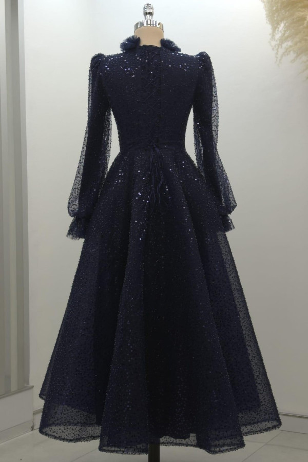 Pullu Kabarık Tesettür Abiye Lacivert