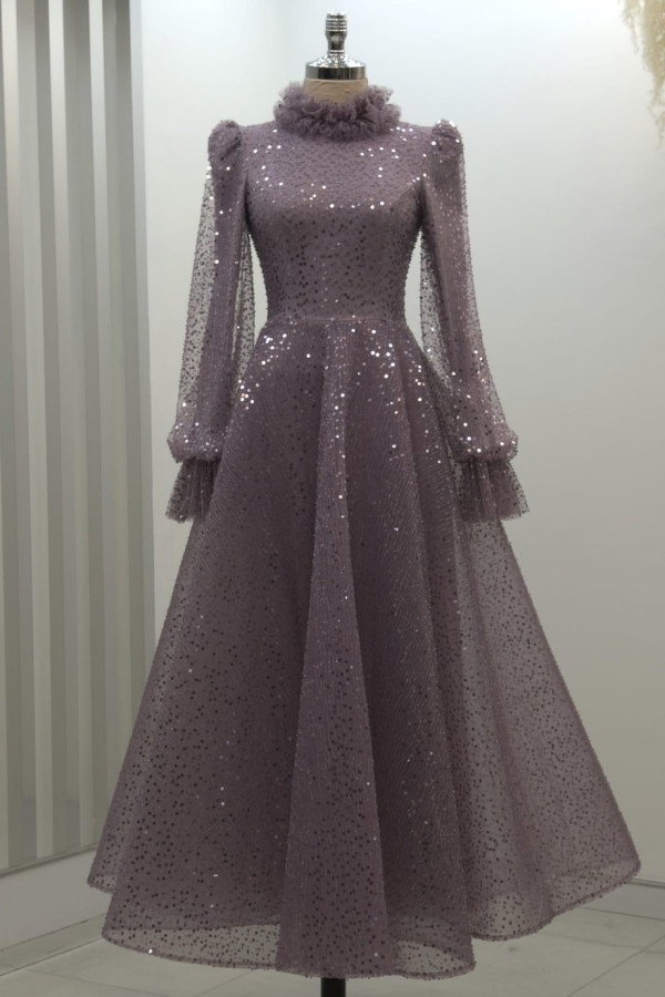 Pullu Kabarık Tesettür Abiye Lila