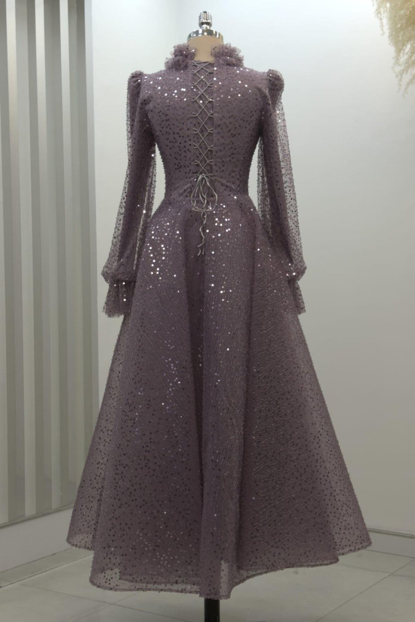 Pullu Kabarık Tesettür Abiye Lila