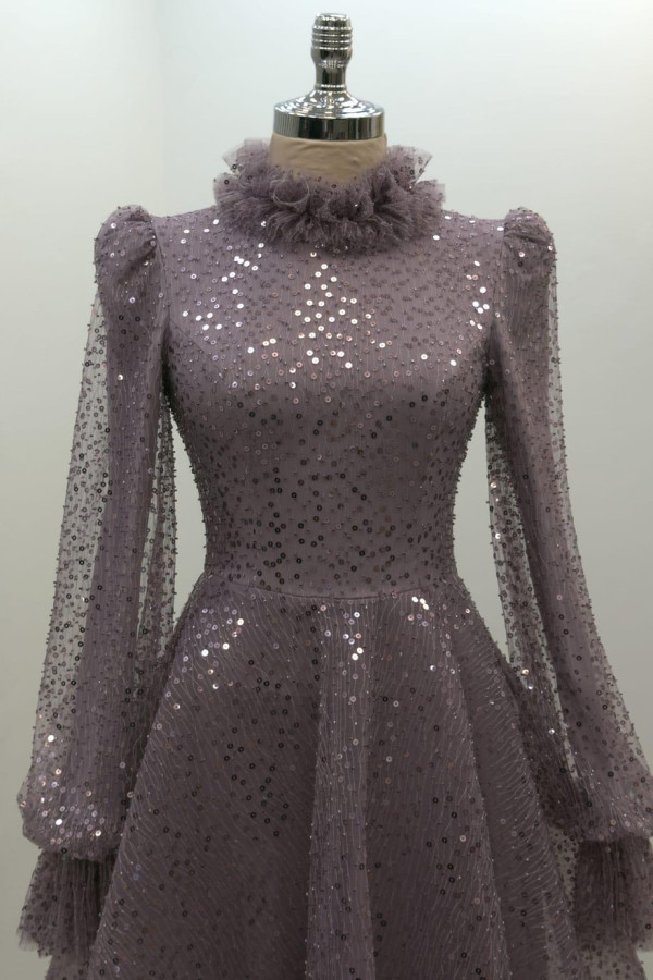 Pullu Kabarık Tesettür Abiye Lila