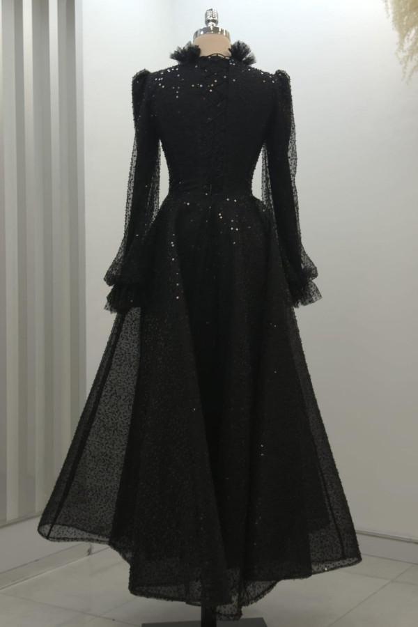 Pullu Kabarık Tesettür Abiye Siyah