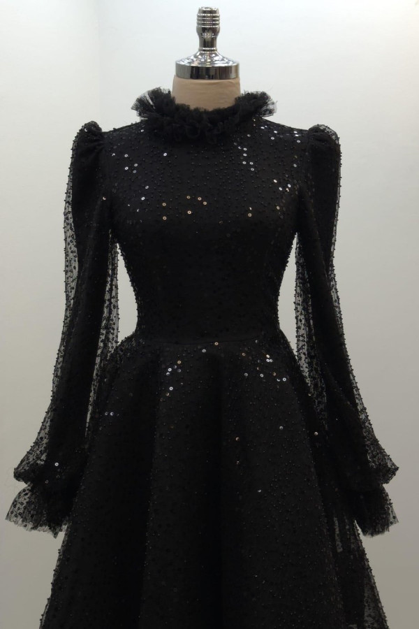 Pullu Kabarık Tesettür Abiye Siyah