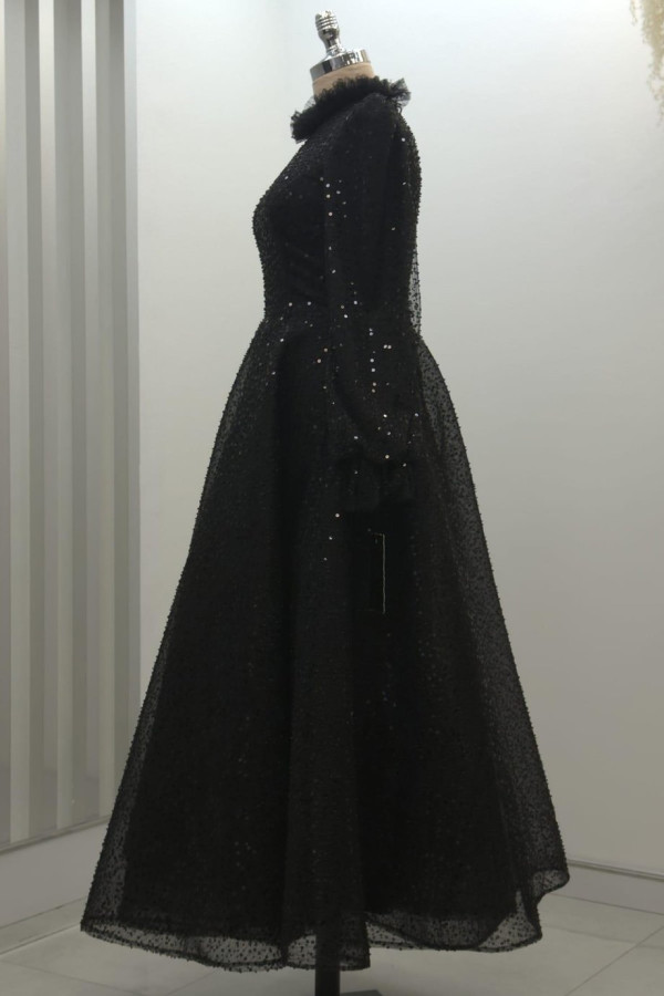 Pullu Kabarık Tesettür Abiye Siyah