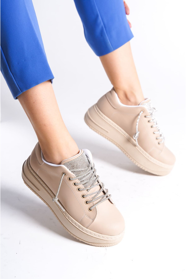 DELLA Bağcıklı Ortopedik Taban Taşlı Kadın Sneaker Spor Ayakkabı - Ten