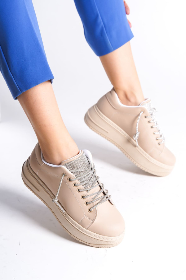 DELLA Bağcıklı Ortopedik Taban Taşlı Kadın Sneaker Spor Ayakkabı - Ten