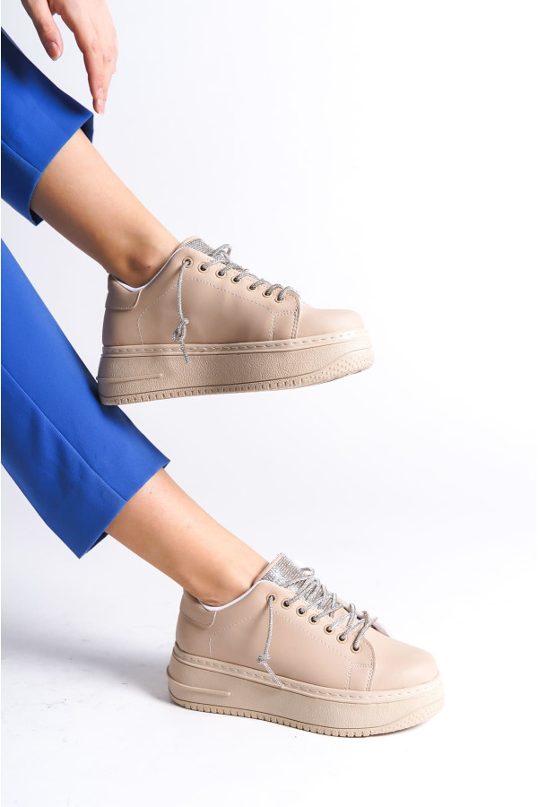 DELLA Bağcıklı Ortopedik Taban Taşlı Kadın Sneaker Spor Ayakkabı - Ten DELLA Bağcıklı Ortopedik Taban Taşlı Kadın Sneaker Spor Ayakkabı - Ten