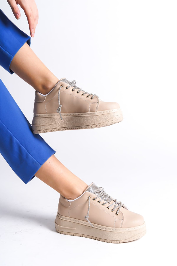DELLA Bağcıklı Ortopedik Taban Taşlı Kadın Sneaker Spor Ayakkabı - Ten DELLA Bağcıklı Ortopedik Taban Taşlı Kadın Sneaker Spor Ayakkabı - Ten