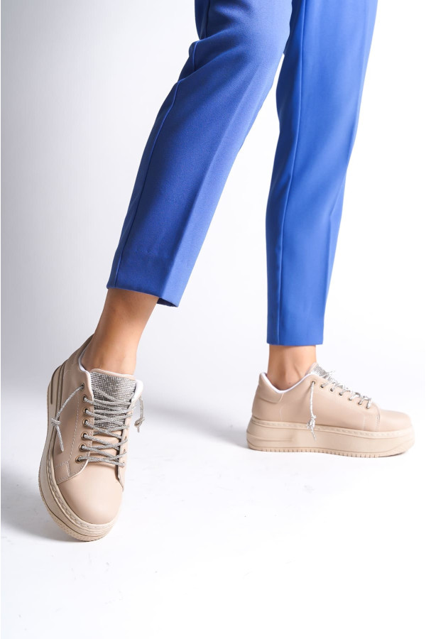 DELLA Bağcıklı Ortopedik Taban Taşlı Kadın Sneaker Spor Ayakkabı - Ten DELLA Bağcıklı Ortopedik Taban Taşlı Kadın Sneaker Spor Ayakkabı - Ten