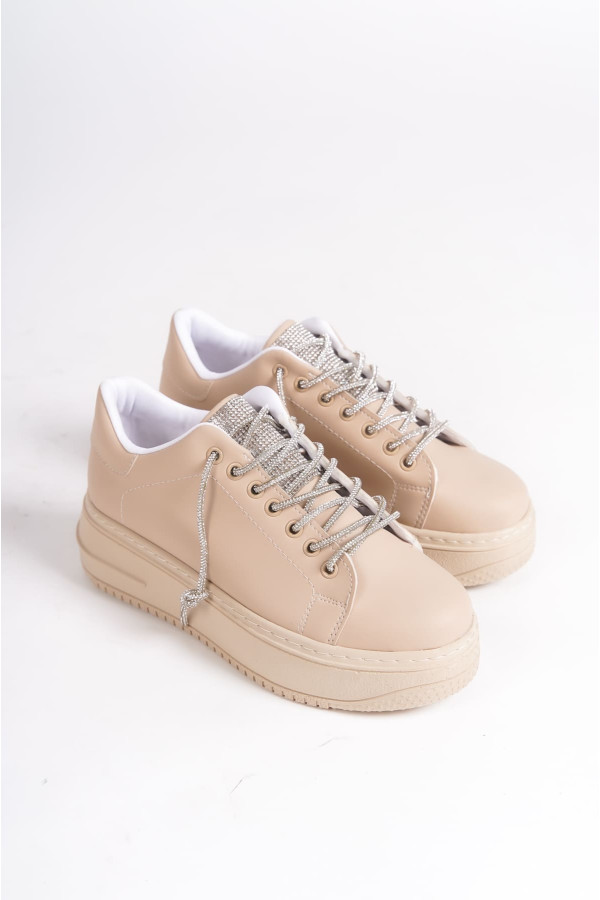 DELLA Bağcıklı Ortopedik Taban Taşlı Kadın Sneaker Spor Ayakkabı - Ten DELLA Bağcıklı Ortopedik Taban Taşlı Kadın Sneaker Spor Ayakkabı - Ten