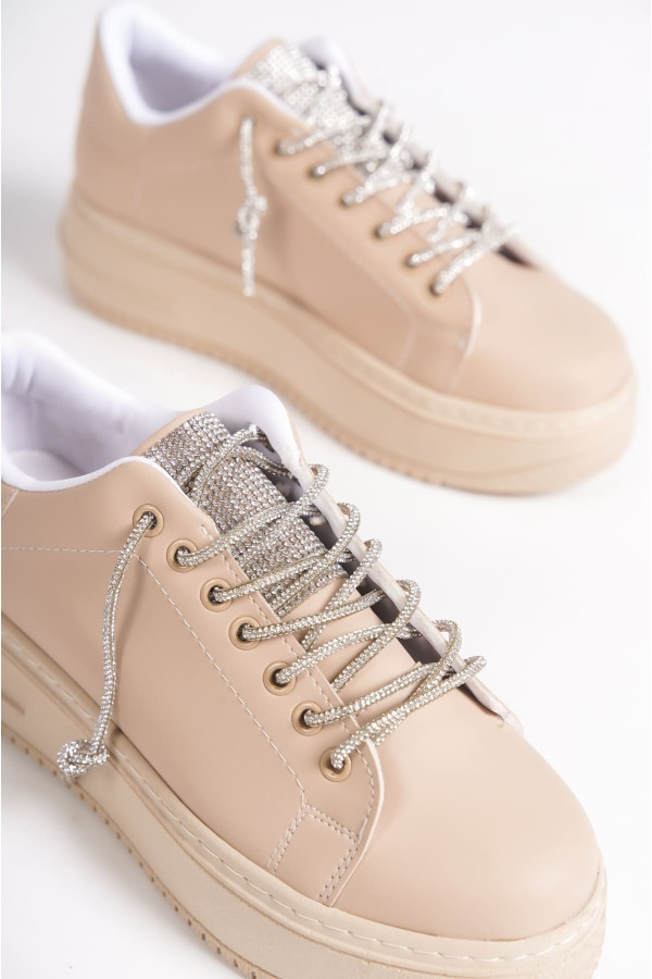 DELLA Bağcıklı Ortopedik Taban Taşlı Kadın Sneaker Spor Ayakkabı - Ten DELLA Bağcıklı Ortopedik Taban Taşlı Kadın Sneaker Spor Ayakkabı - Ten